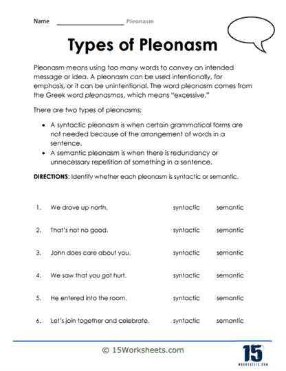 Pleonasm Worksheets