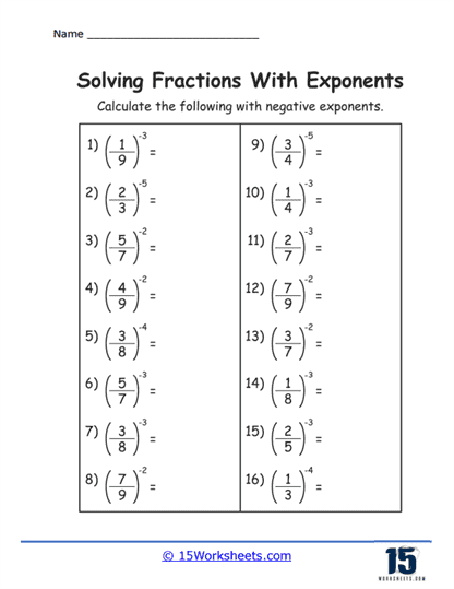 Exponents with Fractional Bases Worksheets