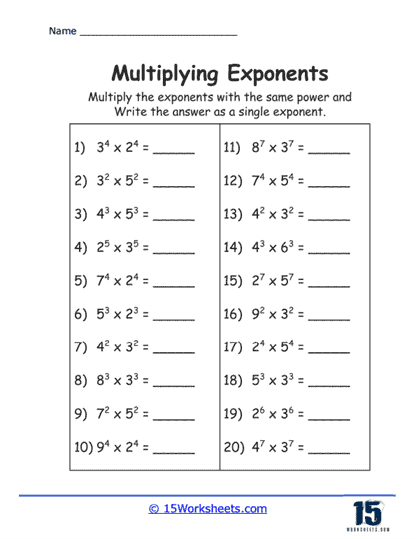 Exponent Multiplication Worksheets