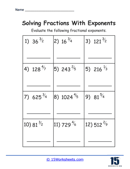 Fractional Exponent Explorers Worksheet