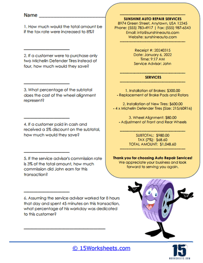 Calculating Car Care Costs Worksheet