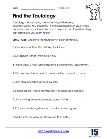 Tautology Worksheets