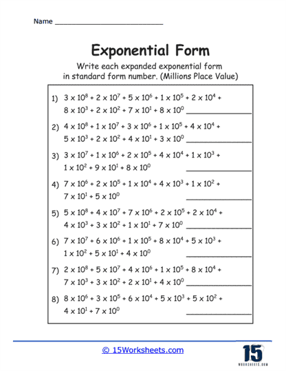 Million-Dollar Exponents Worksheet