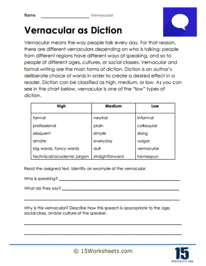 Vernacular Worksheets