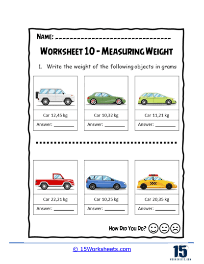 Car Weights in Grams Worksheet