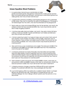 Linear Equation Word Problems Worksheets - 15 Worksheets.com