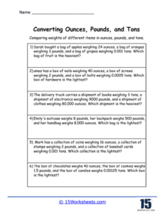 Ounces, Pounds, and Tons Worksheets - 15 Worksheets.com