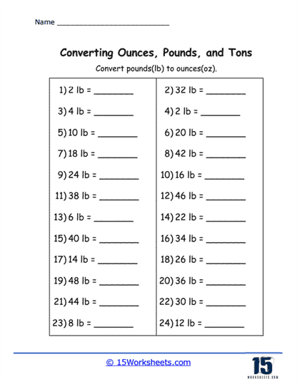 Ounces Pounds and Tons Worksheets 15 Worksheets