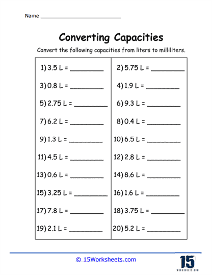 Converting Metric Units of Capacity Worksheets 15 Worksheets