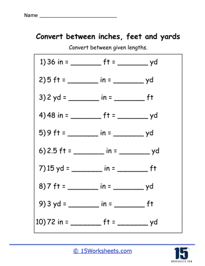 Inches, Feet, and Yards Worksheets - 15 Worksheets.com