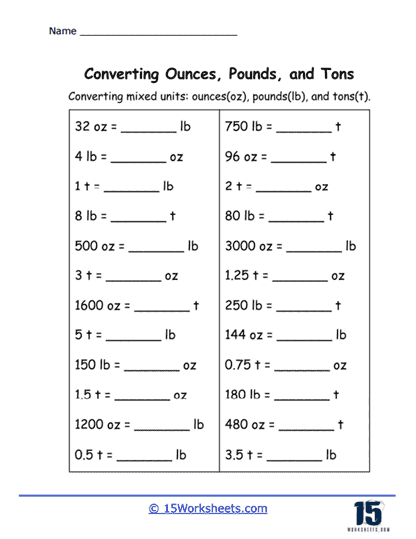 Ounces Pounds and Tons Worksheets 15 Worksheets