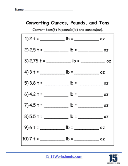 Ounces Pounds and Tons Worksheets 15 Worksheets