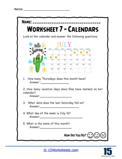 Birthday Bash Calendar Worksheet