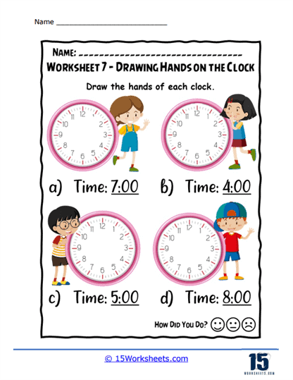 Drawing Hands on the Clock Worksheets