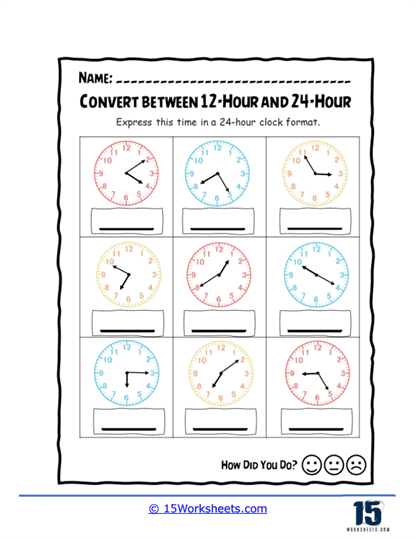 Convert Between 12-Hour and 24-Hour Worksheets