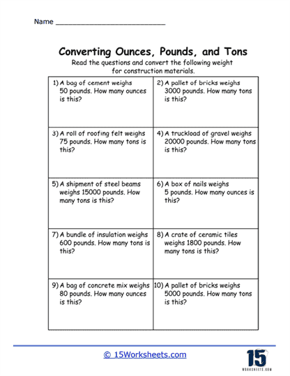 Ounces Pounds and Tons Worksheets 15 Worksheets