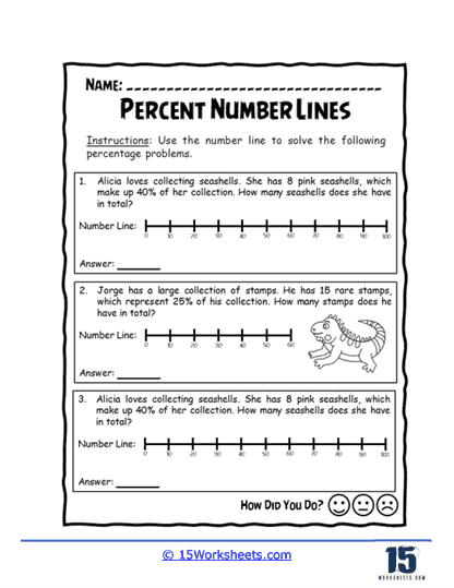 Percentages on Number Lines Worksheets