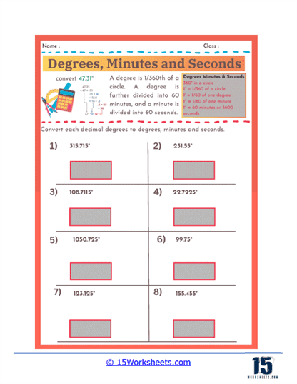 Degrees, Minutes, and Seconds Worksheets