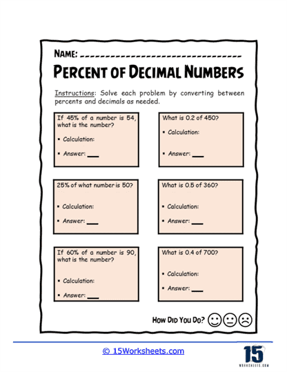 Percentages and Decimals Worksheets