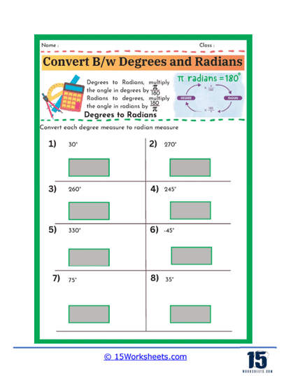 Converting Degrees and Radians Worksheets