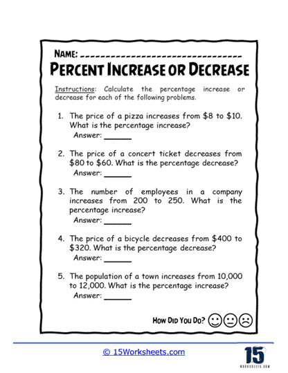 Percent Increase or Decrease Worksheets