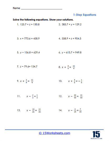 One Step Equations Worksheets