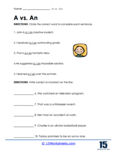 A vs. An Worksheets - 15 Worksheets.com