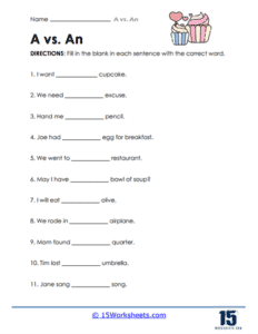 A vs. An Worksheets - 15 Worksheets.com