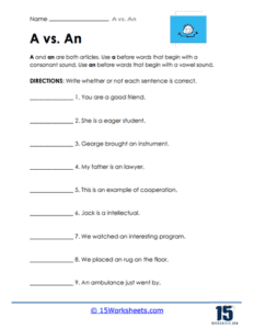 A vs. An Worksheets - 15 Worksheets.com