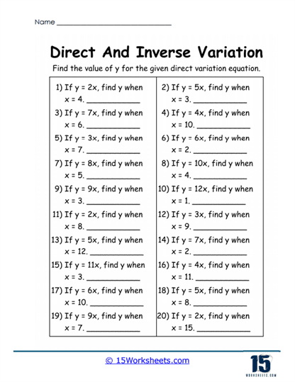 Direct Equation Solver Worksheet