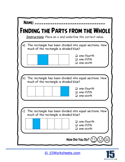 Blue Fraction Fun Worksheet