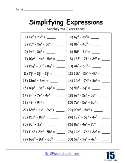 Simplifying Expressions Worksheets