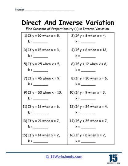 Inverse Variation Constants Worksheet