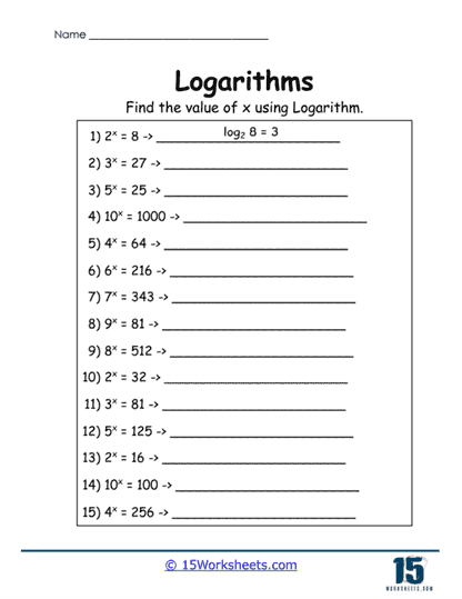 Exponent to Log Worksheet