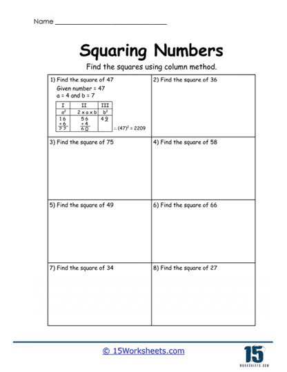 Decimal Squaring Worksheet