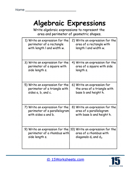 Geometric Formulas Worksheet