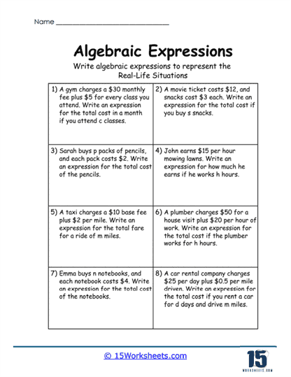 Real-Life Algebra Worksheet