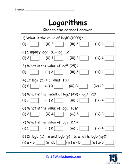 Logarithmic Multiple Choice Worksheet