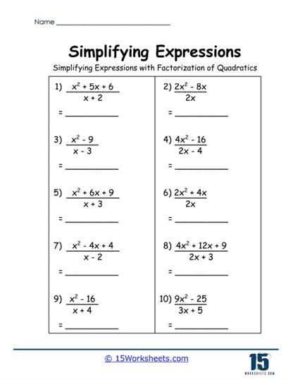 Quadratic Quest Worksheet