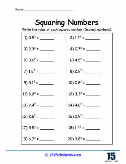 Decimal Squares Worksheet