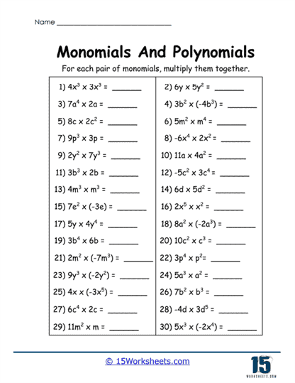 Multiplying Monomials Worksheet