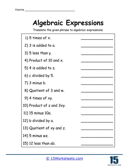 Phrase to Equation Worksheet