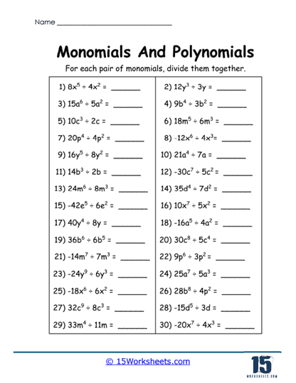 Monomial Division Worksheet