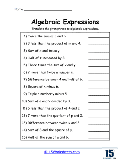 Phrase to Formula Worksheet