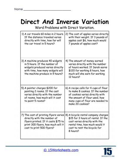 Direct Word Problems Worksheet