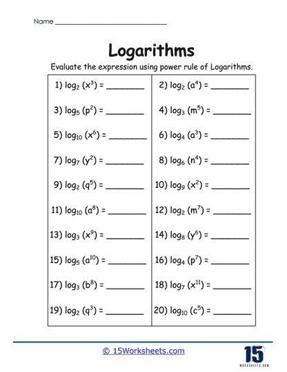 Logarithm Worksheets