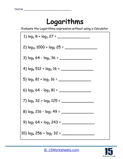 Logarithmic Evaluator Worksheet