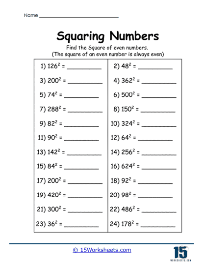 Even Squares Worksheet