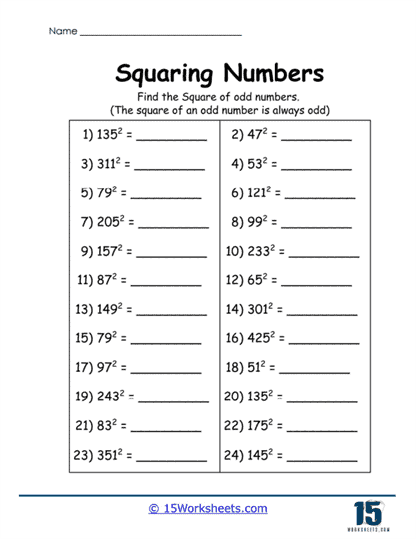 Odd Squares Worksheet