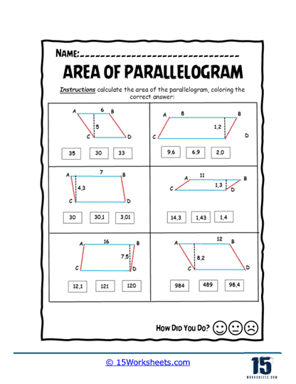 Area of Parallelograms Worksheets